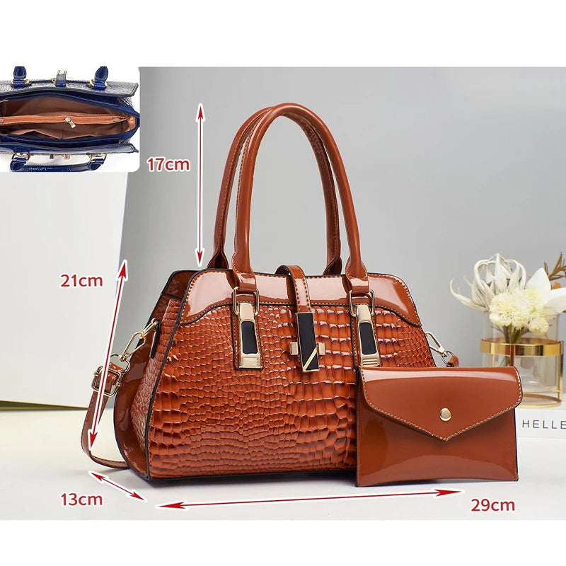 Luxury Brand Crocodile Handbag Women Tote Bag Bright Leather Women Purse Shoulder Bag Female Top-handle Bags Commuting Shopping
