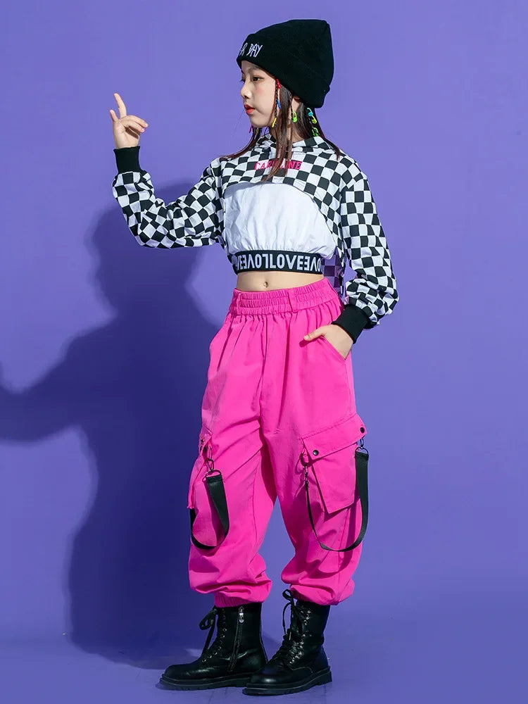 Kids Teenage Streetwear Hip Hop Clothing Red Shirt Tops Casual Cargo Jogger Pants For Girl Boy Jazz Dance Costume Rave Clothes