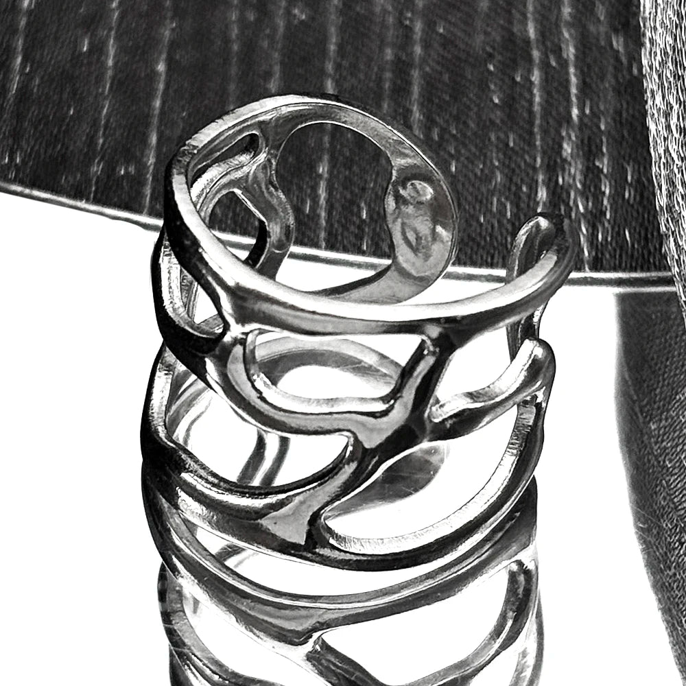 Irregular Hollow Ring For Women Metal Texture Waterproof Daily Simple Stylish Silver Color Rings Stainless Steel Finger Jewelry