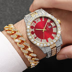 3PCS/Set Luxury Full Diamond Men Quartz Watches Fashion Hip Pop Mens Calendar Wristwatch Bracelet Necklace Set (Without Box)