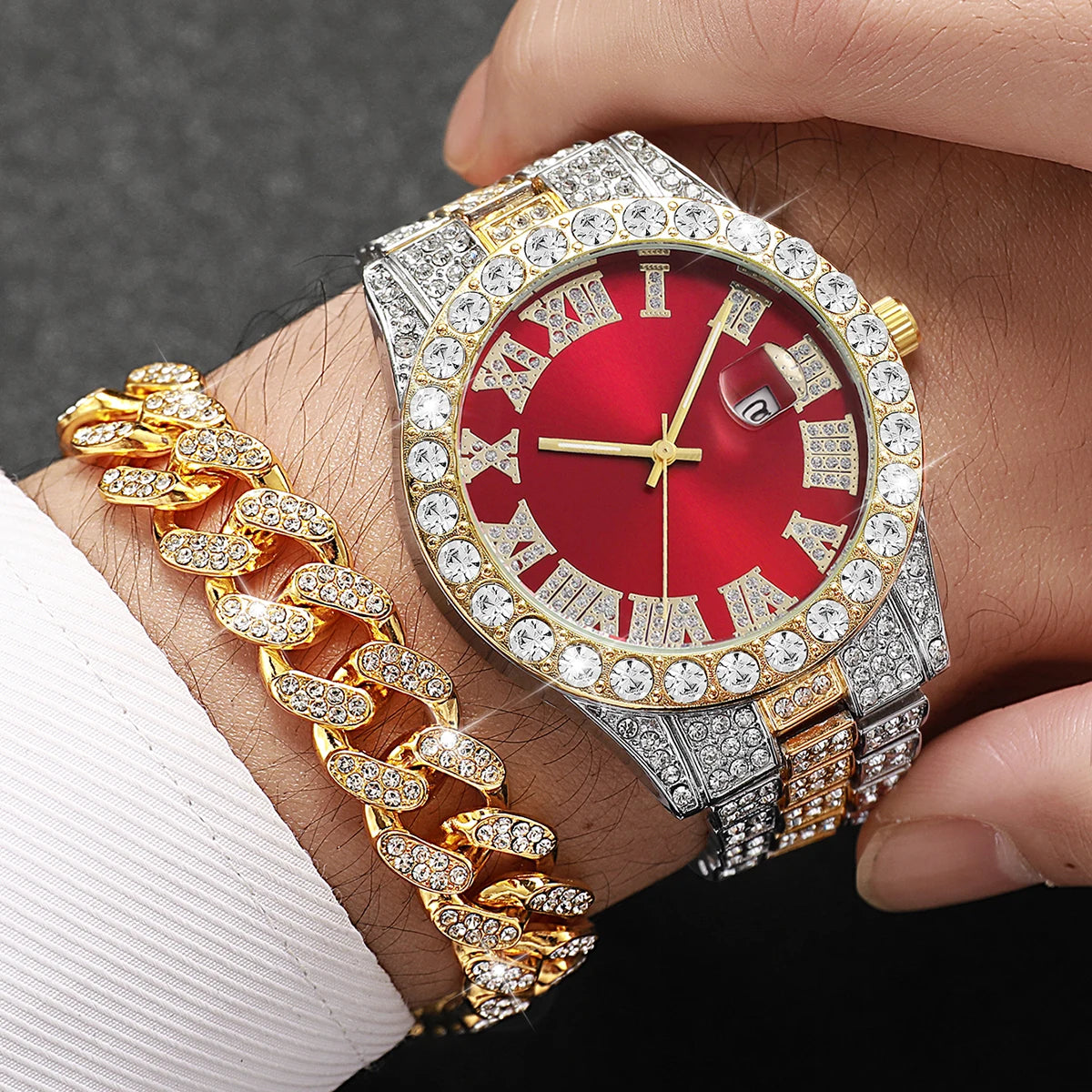 3PCS/Set Luxury Full Diamond Men Quartz Watches Fashion Hip Pop Mens Calendar Wristwatch Bracelet Necklace Set (Without Box)