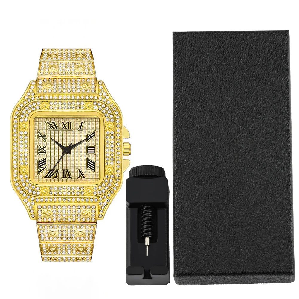 Hip-hop Punk Quartz Watch Stylish Full Diamonds Watch 2 Styles to Choose Bundled Size Adjuster Men Women Party Jewelry Gift Box