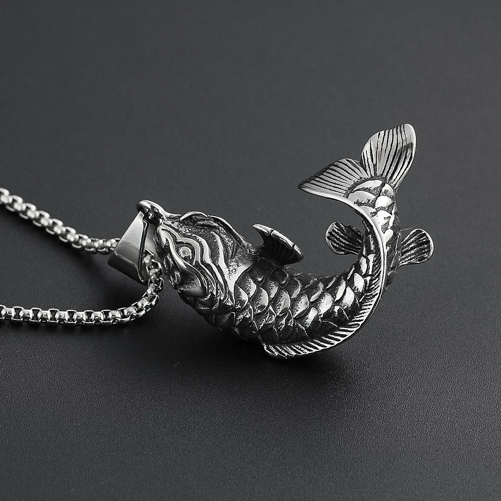 Fortune Koi Fish Necklace for Men Women Good Luck Wealth Retro Jumping Carp Pendant Stainless Steel Jewelry Best Gifts
