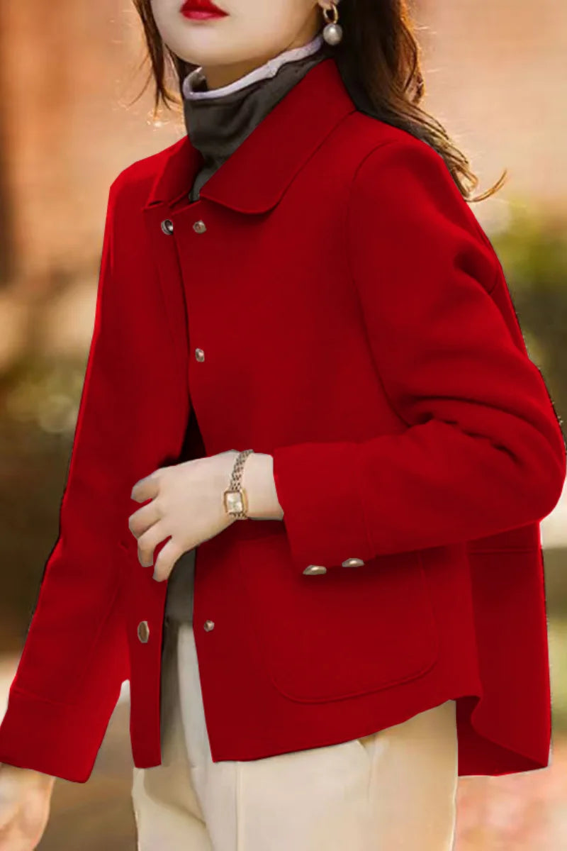 Fashionable minimalist coat for women with a single-breasted collar and high-quality short woolen coat, casual solid color long-