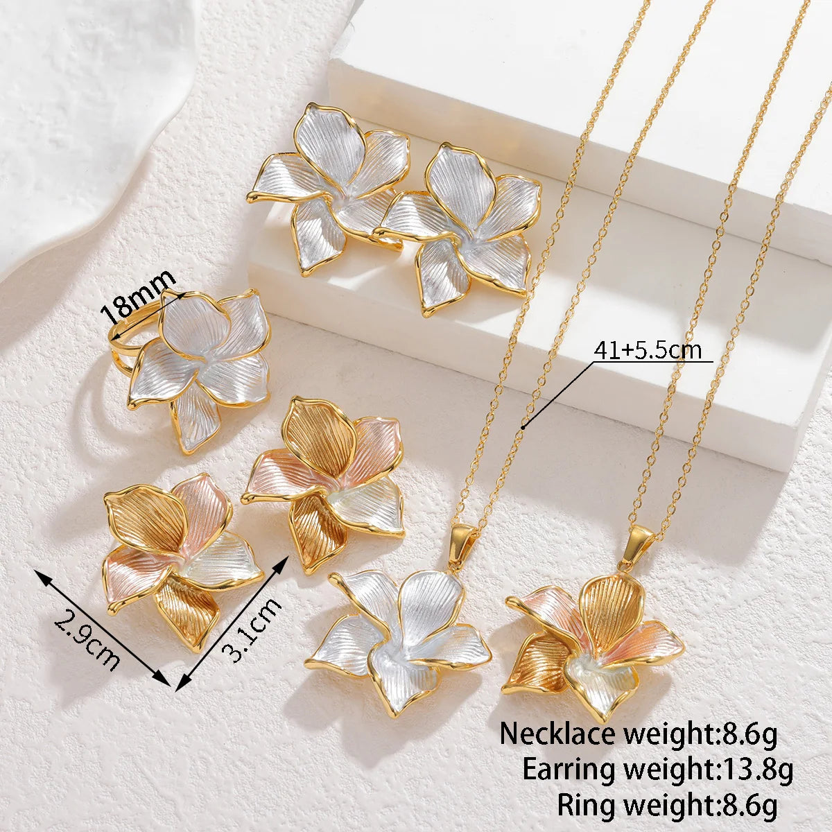 Classic Stylish Color-blocked Flower Necklace Ring Earrings Accessory Set for Women Exquisite Stainless Steel Jewelry Girl Gifts