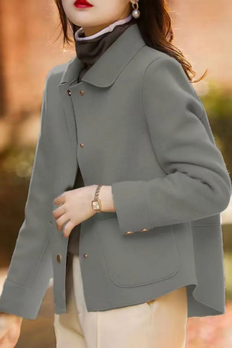 Fashionable minimalist coat for women with a single-breasted collar and high-quality short woolen coat, casual solid color long-