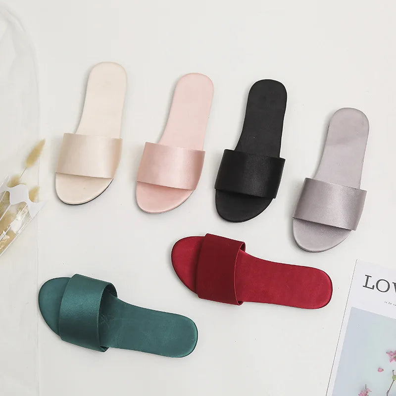 Summer New Home Slippers Fashion Flat Casual Satin Simulation Silk Slippers Indoor Non-slip Peep Toe Slides Wedding  Flip Flops