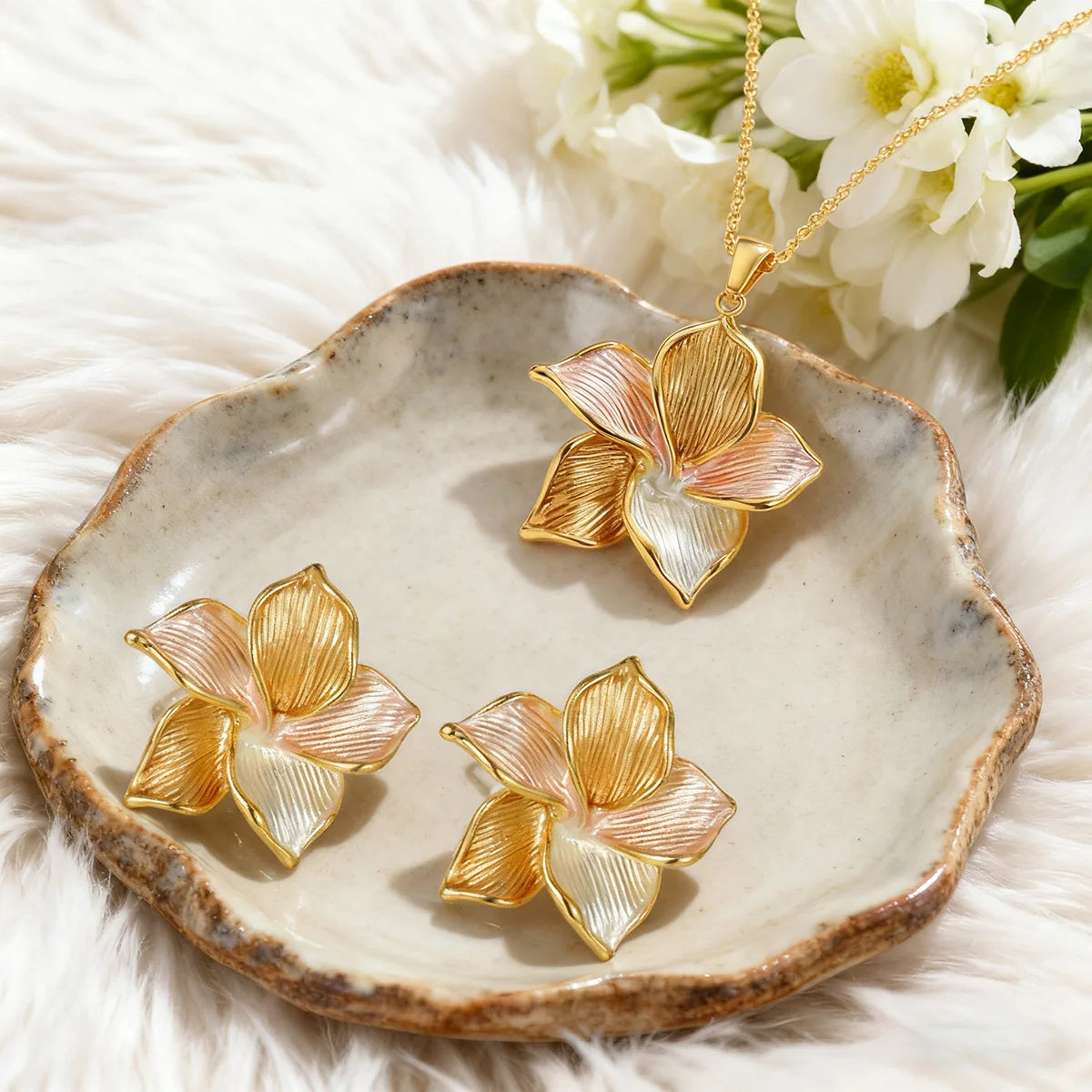 Classic Stylish Color-blocked Flower Necklace Ring Earrings Accessory Set for Women Exquisite Stainless Steel Jewelry Girl Gifts