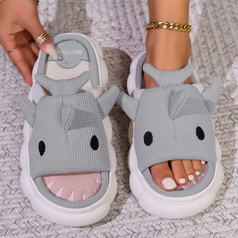 Four Seasons Women Shark Linen Slippers Men Cute Animal Sandals Adults Indoor Bedroom Cartoon Slides Couples Outdoor Flip Flops