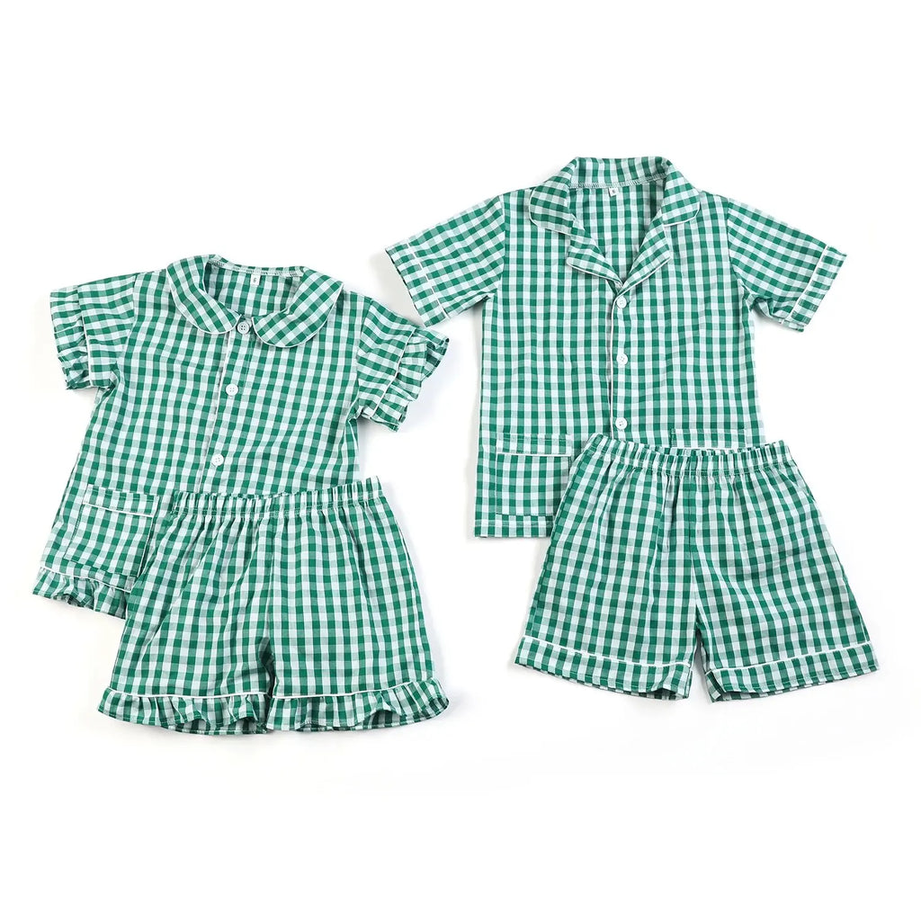 Wholesale 1-12 Years Kids Pyjamas 100% Cotton Plaid Seersucker Soft Sibling Outfits Pjs Loungewear Baby Boys Girls Pajamas Sets