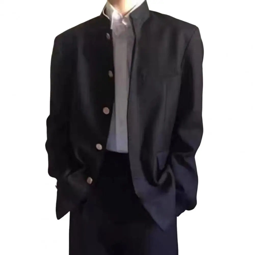 Men Suit Coat Japanese Style School Uniform Stand-up Collar Single-Breasted Formal Jacket With Flap Pockets Chinese Tunic Suit