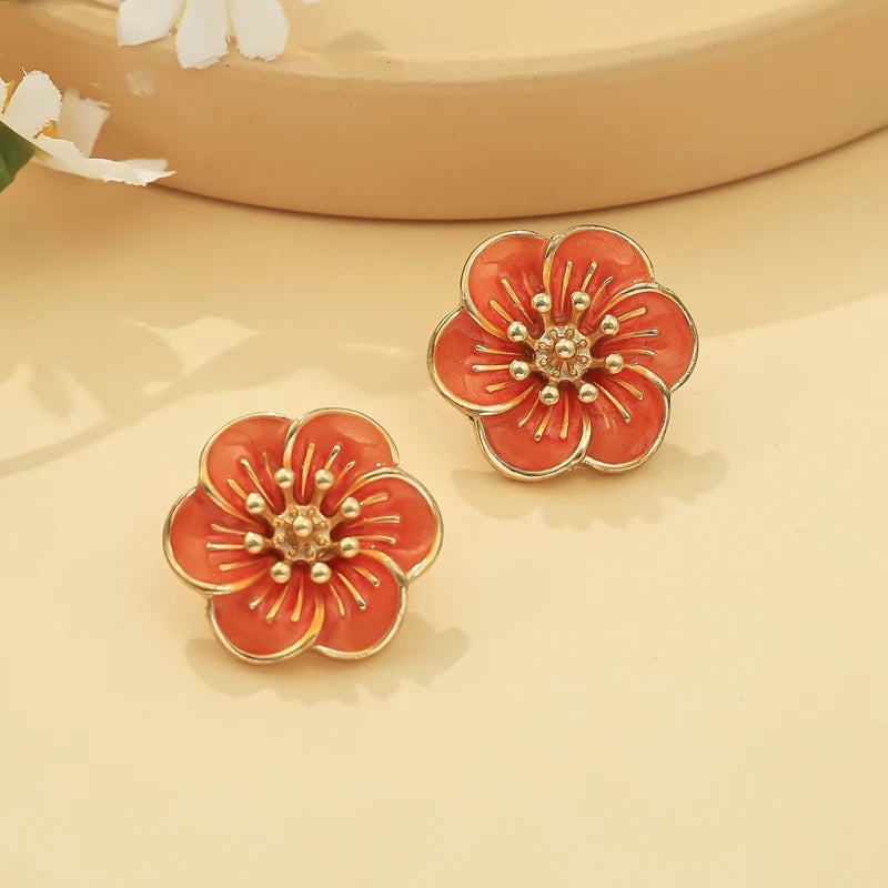 Vintage Drip Oil Flower Pendant Necklace Earrings Bracelet Ring Set for Women Elegant Floral Clavicle Chain Party Jewelry Set