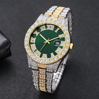 3PCS/Set Luxury Full Diamond Men Quartz Watches Fashion Hip Pop Mens Calendar Wristwatch Bracelet Necklace Set (Without Box)