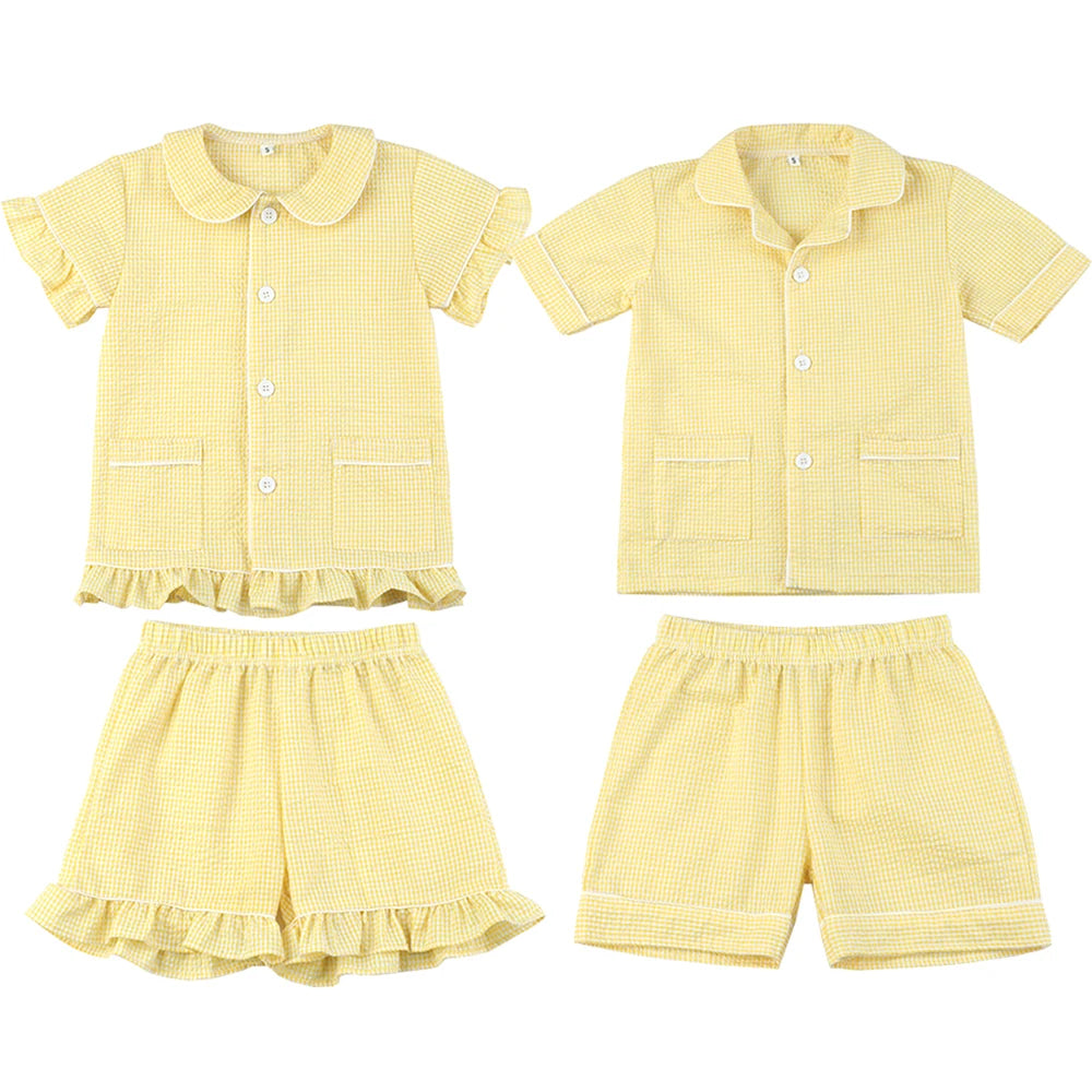 Wholesale 1-12 Years Kids Pyjamas 100% Cotton Plaid Seersucker Soft Sibling Outfits Pjs Loungewear Baby Boys Girls Pajamas Sets