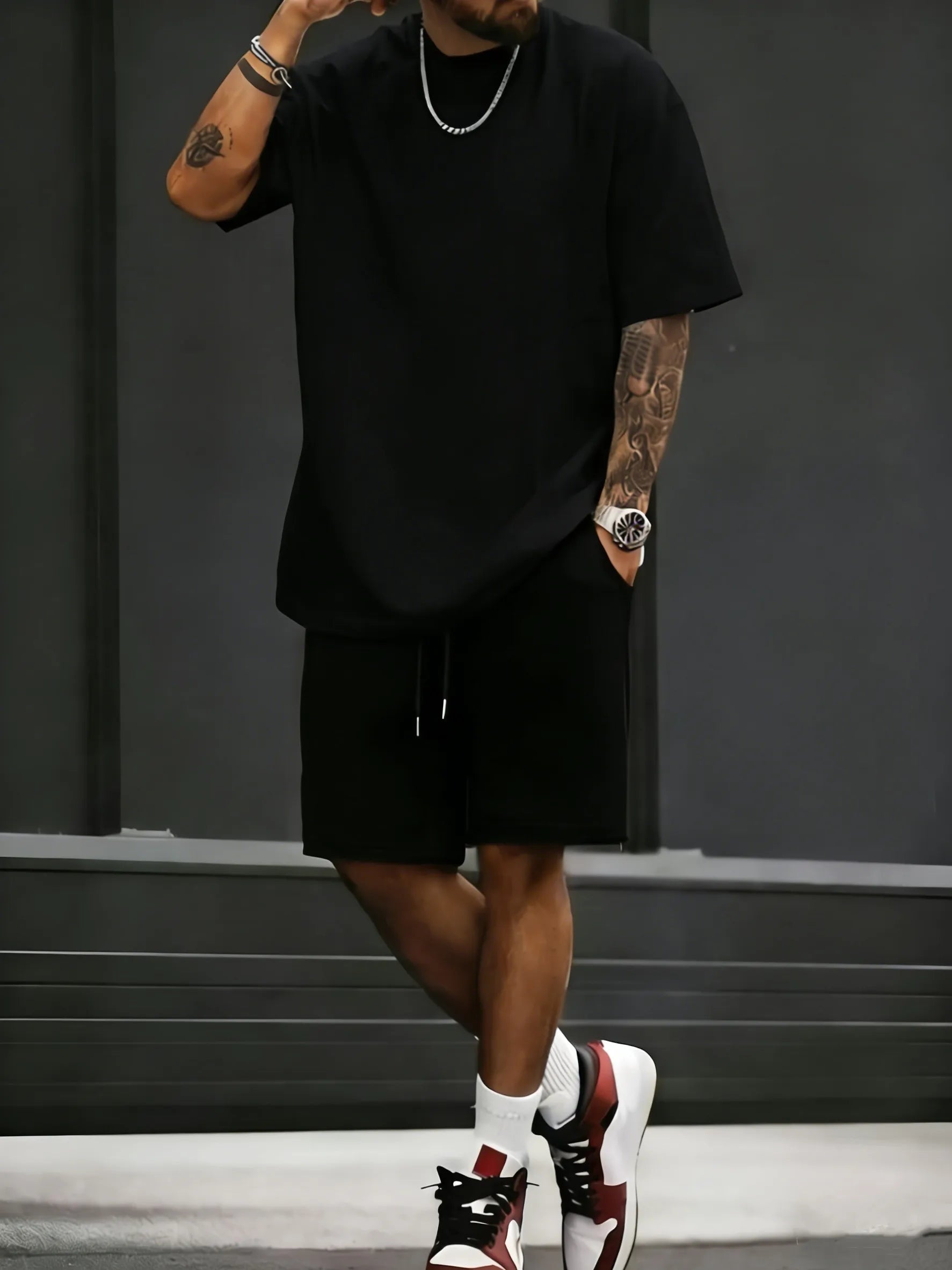 Summer Cotton Street T-Shirt Suit Men Oversize Daily Shorts Gym Loose Sportswear Trendy Hip Hop Clothes Sport Pocket Short Pants