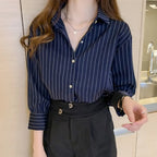 Striped Shirt Women Spring Summer Vintage Chic Loose Long Sleeve Top Office Ladies Fashion Casual Turn Down Collar Blouse