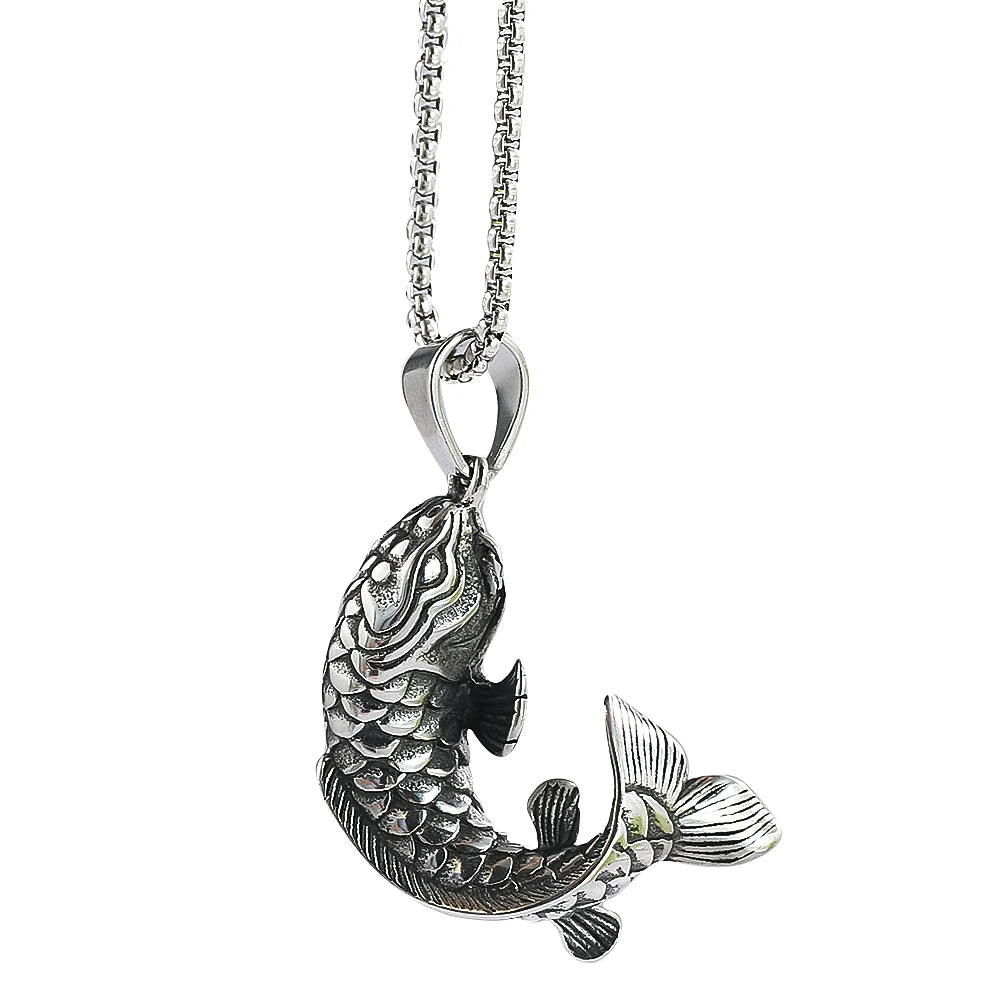 Fortune Koi Fish Necklace for Men Women Good Luck Wealth Retro Jumping Carp Pendant Stainless Steel Jewelry Best Gifts