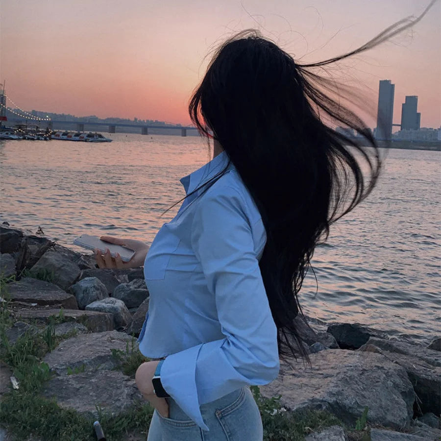 Blouse Woman New Collection 2025 Silk Korean Style Black Sexy Blue Satin Shirt for Women White Crop Top Long Sleeve Chiffon Hot