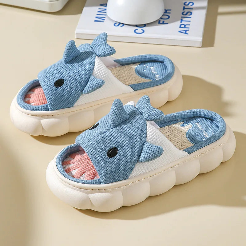 Four Seasons Women Shark Linen Slippers Men Cute Animal Sandals Adults Indoor Bedroom Cartoon Slides Couples Outdoor Flip Flops