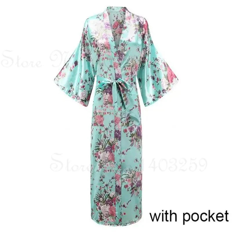 Women Long Robe Kimono Bathrobe Gown with Pockets Sexy Wedding Bride Bridesmaid Dressing Gown Oversize Satin Homewear Loungewear