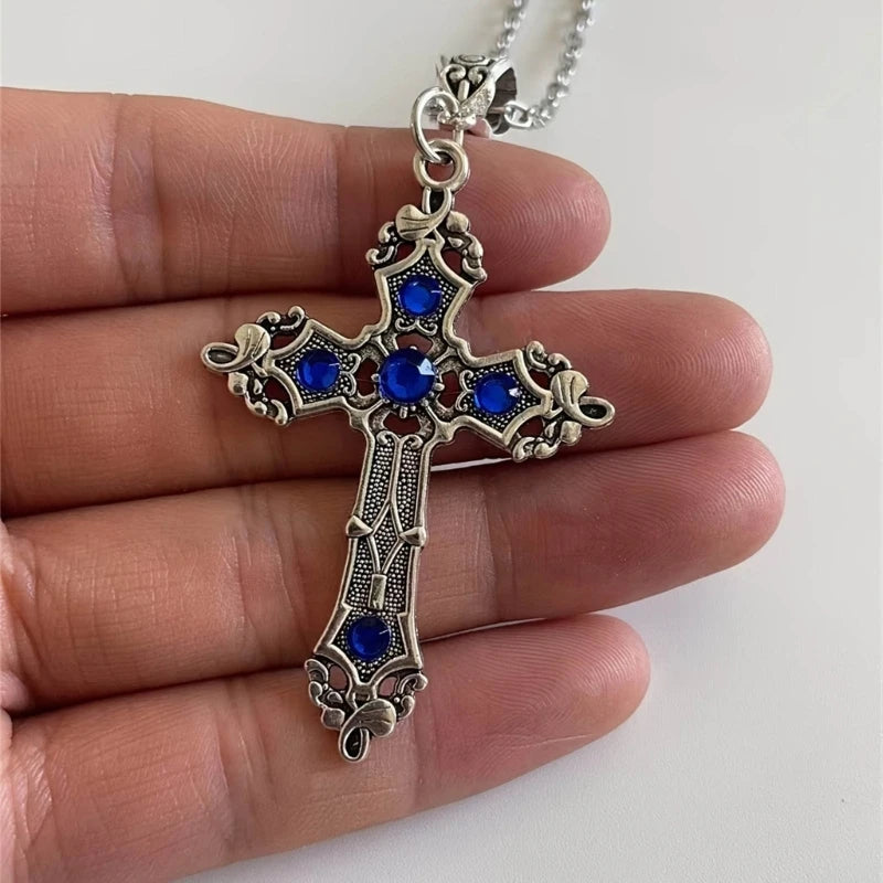 European and American Cross Necklace Gemstones Neck Chain Large Crosses Pendant Religious Jewelry Women Choker Neckchain