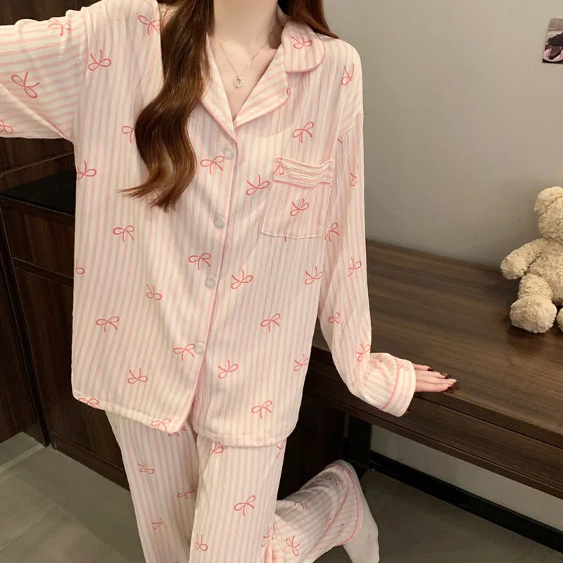 Printemps et automne nouveaux pyjamas pour femmes ensemble de vêtements de détente fille amour Cardigan pyjamas tissu froissé vê