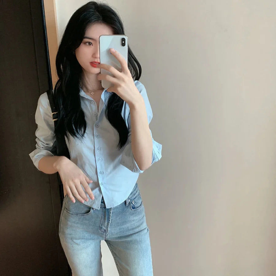 Blouse Woman New Collection 2025 Silk Korean Style Black Sexy Blue Satin Shirt for Women White Crop Top Long Sleeve Chiffon Hot
