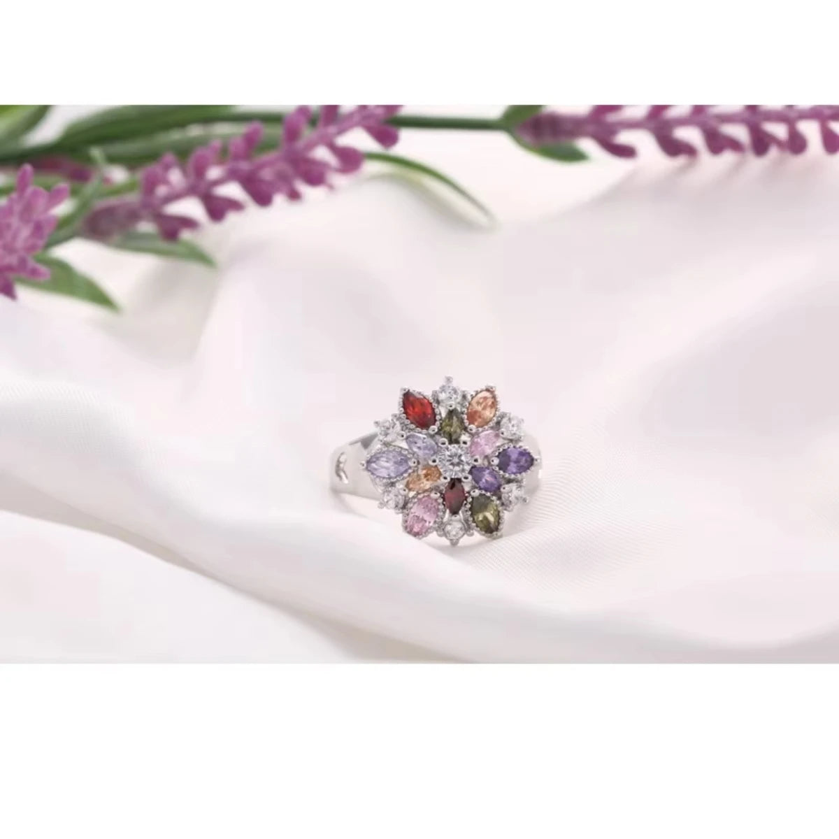 Ring Fashion  Jewelry Colourful Cubic Zirconia Flower Design Cute Style Women Girls Party Engagement