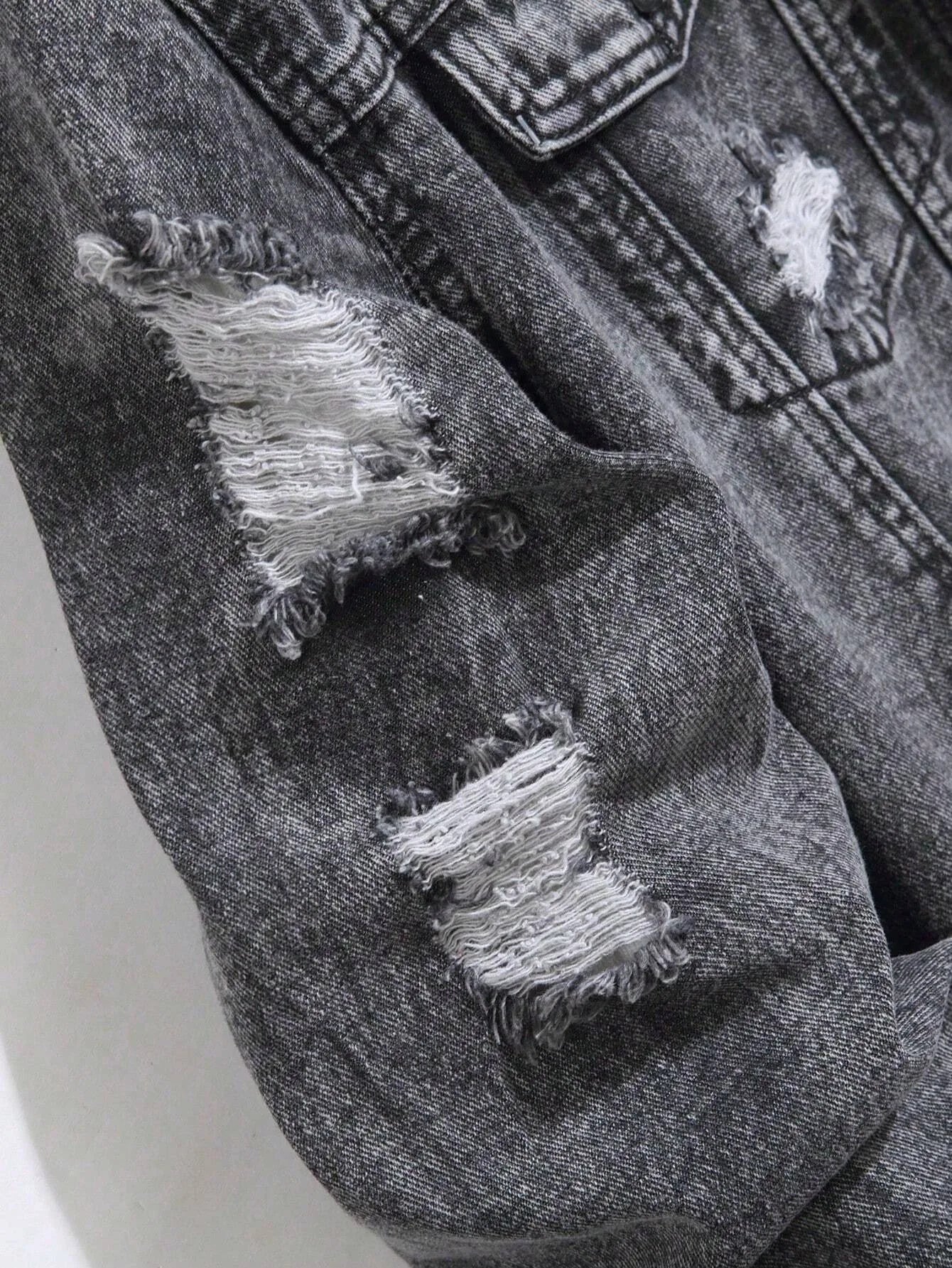 1Pc Y2Kmen's Four Seasons Destroyed Stone Washed Light Jacket Daily American Street Casual Denim Jacket (No Hood/No Accessories)