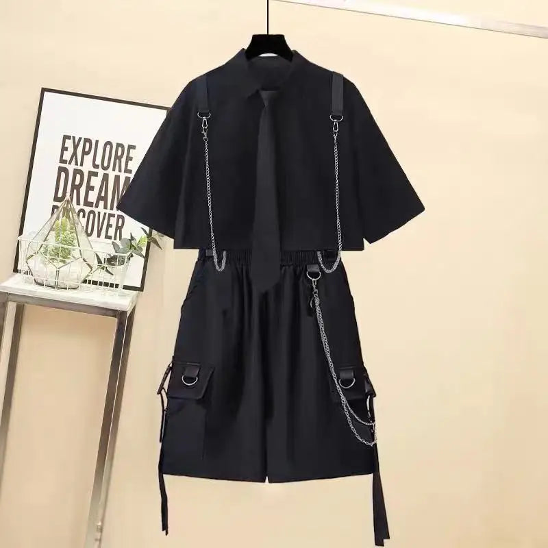 2025 Spring Streetwear Cargo Shorts Sets High Waist Joggers Women 2 Piece Short Sleeve Top with Casual Trousers
