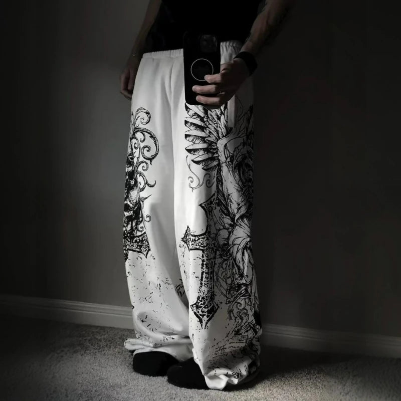 Y2K Retro Casual Jogger Pants Gothic Skull Print Afterlife Sweats Floor Pants Trend Harajuku Hip Hop Oversized Unisex Clothing