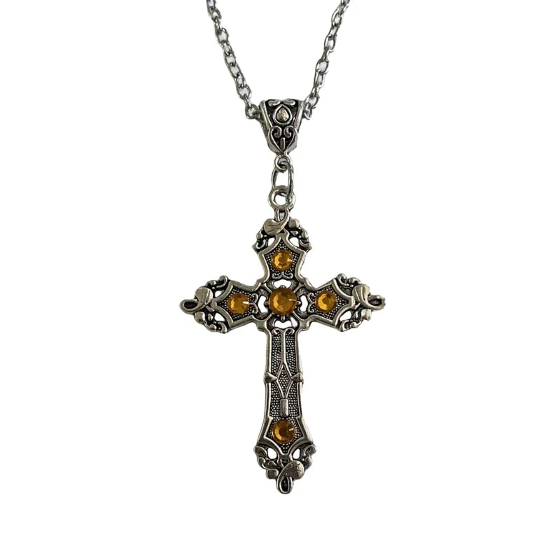 European and American Cross Necklace Gemstones Neck Chain Large Crosses Pendant Religious Jewelry Women Choker Neckchain