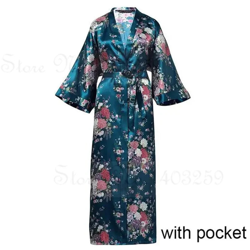 Women Long Robe Kimono Bathrobe Gown with Pockets Sexy Wedding Bride Bridesmaid Dressing Gown Oversize Satin Homewear Loungewear