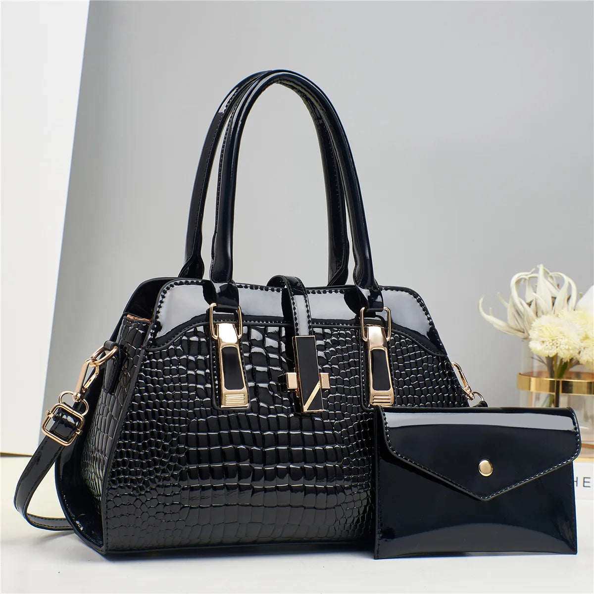 Luxury Brand Crocodile Handbag Women Tote Bag Bright Leather Women Purse Shoulder Bag Female Top-handle Bags Commuting Shopping