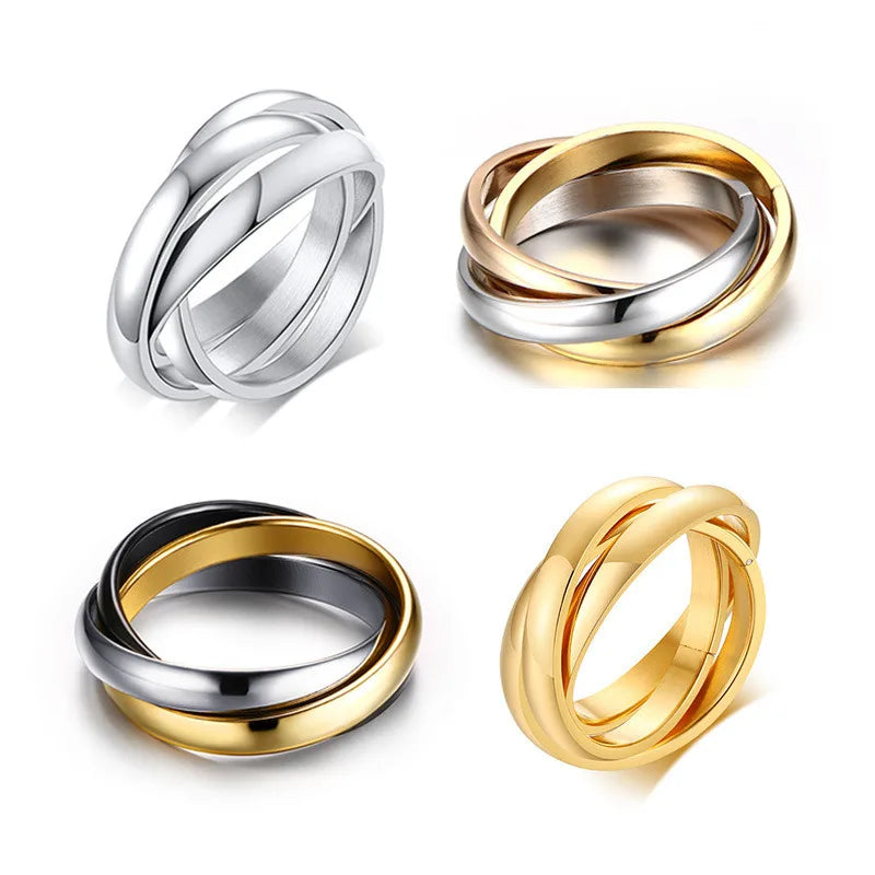 Stainless Steel Interlocked Triple Ring for Women Multi Color Wedding Band Bague Three in One