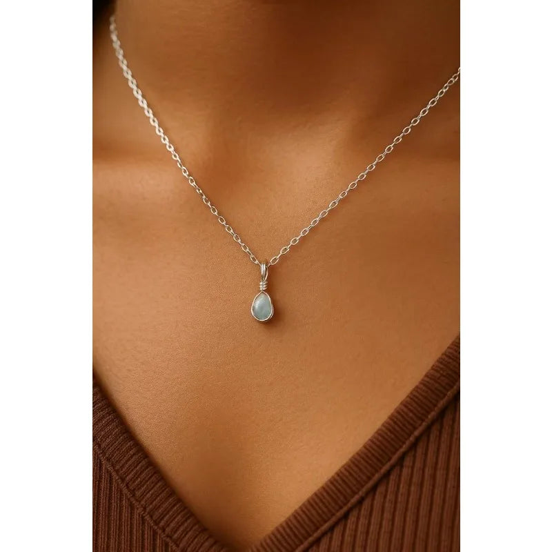 Aquamarine necklace: wire-wound silver-plated crystal pendant