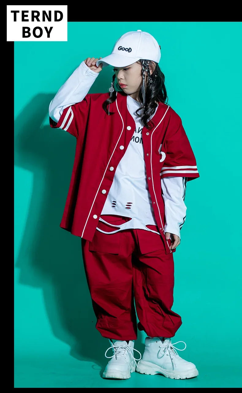 Kids Teenage Streetwear Hip Hop Clothing Red Shirt Tops Casual Cargo Jogger Pants For Girl Boy Jazz Dance Costume Rave Clothes