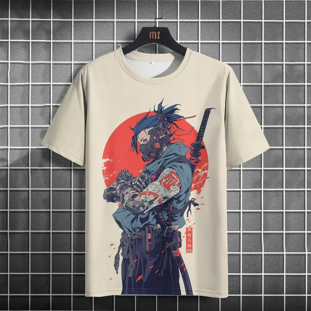 Japanese T-Shirt For Men Mechanical Character Graphic T Shirts Short Sleeve Printing Tees Outdoor Oversized Men's Clothing Tops