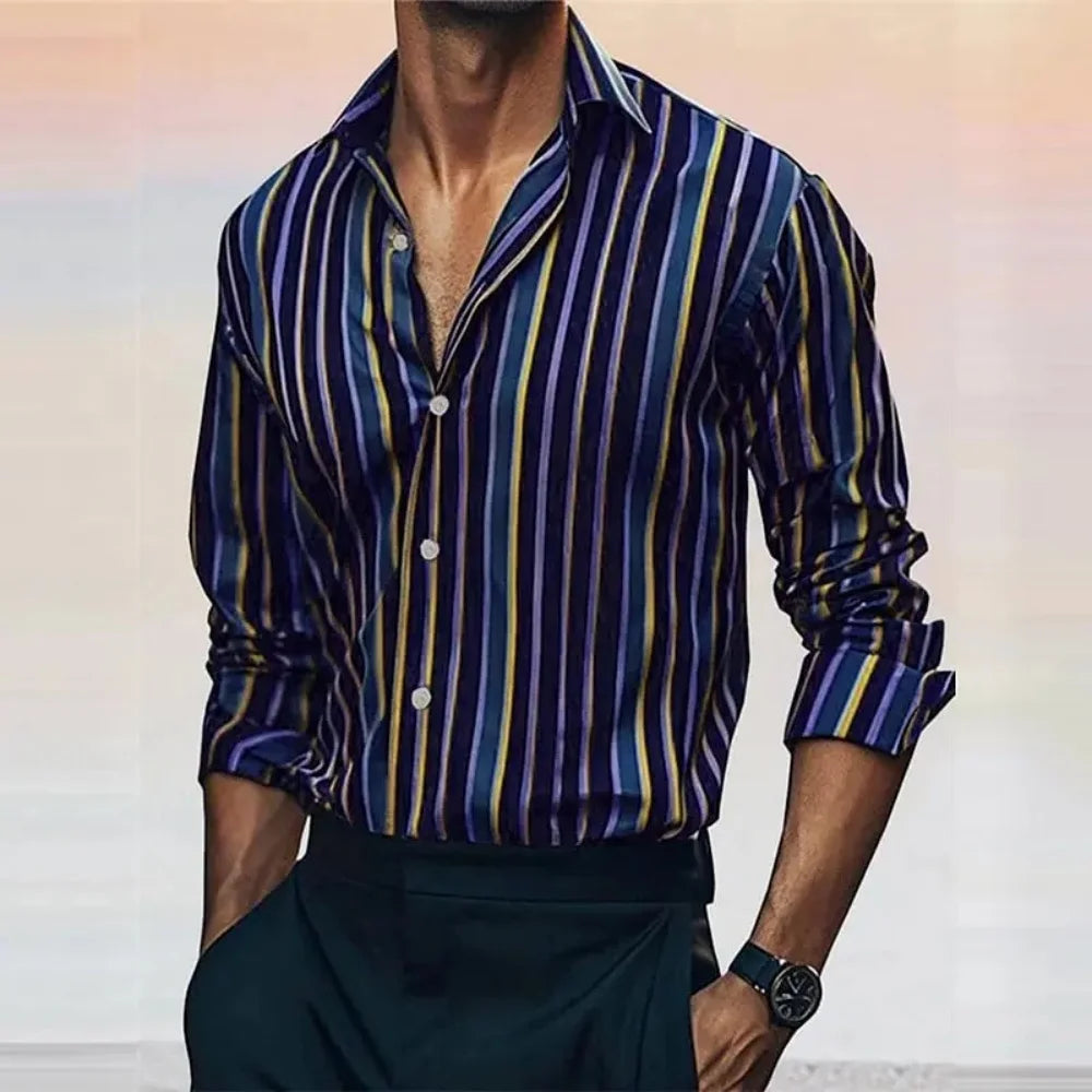 The new fashionable men's striped shirt is a casual and stylish outdoor long-sleeved shirt with a soft and comfortable lapel