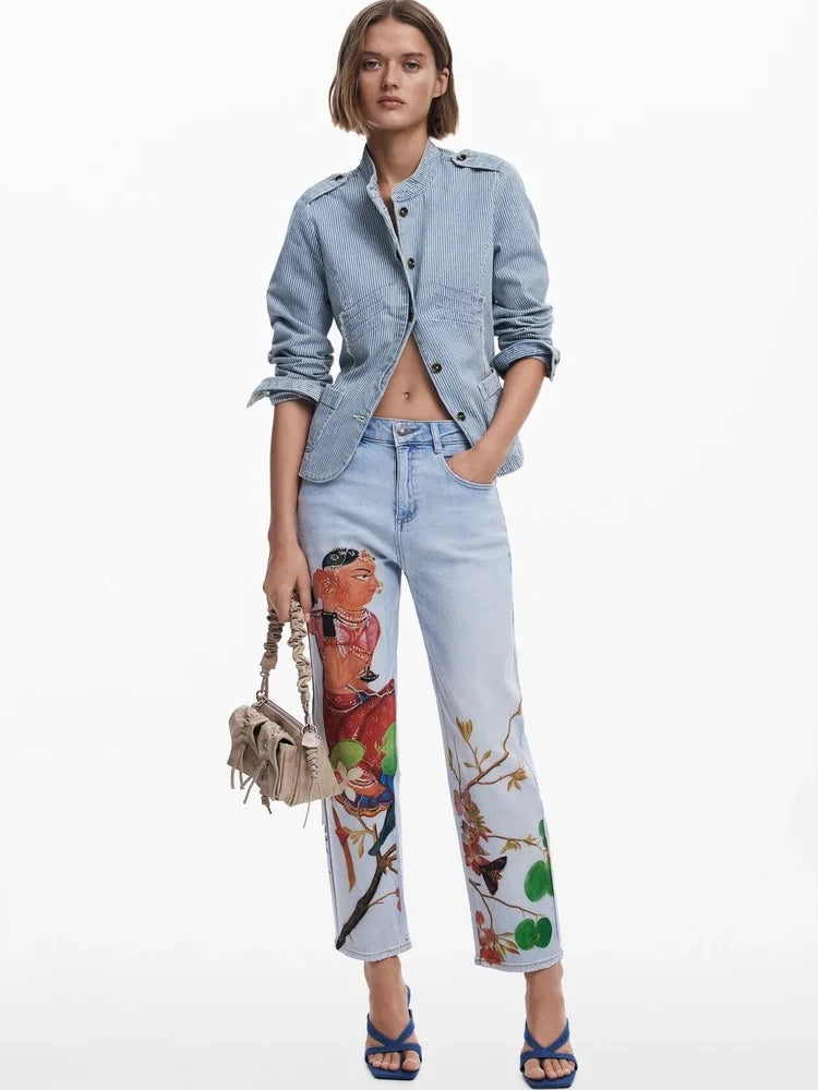 European, American, Spanish original single women's jeans, contrasting color print, elastic casual designer style cropped pants