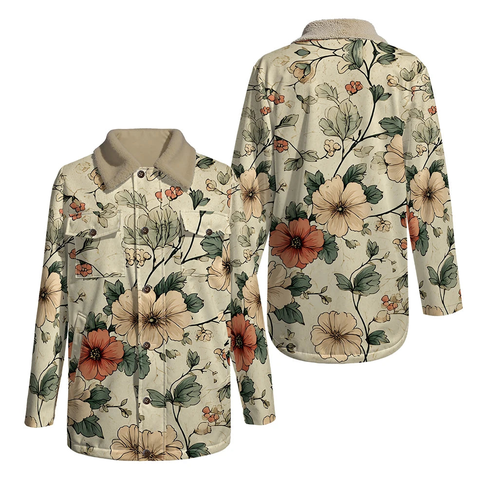 Elegant Floral Print Long Sleeve Coat with Soft Faux Fur Collar Perfect for Spring and Autumn Casual Fashion and Daily Outerwear