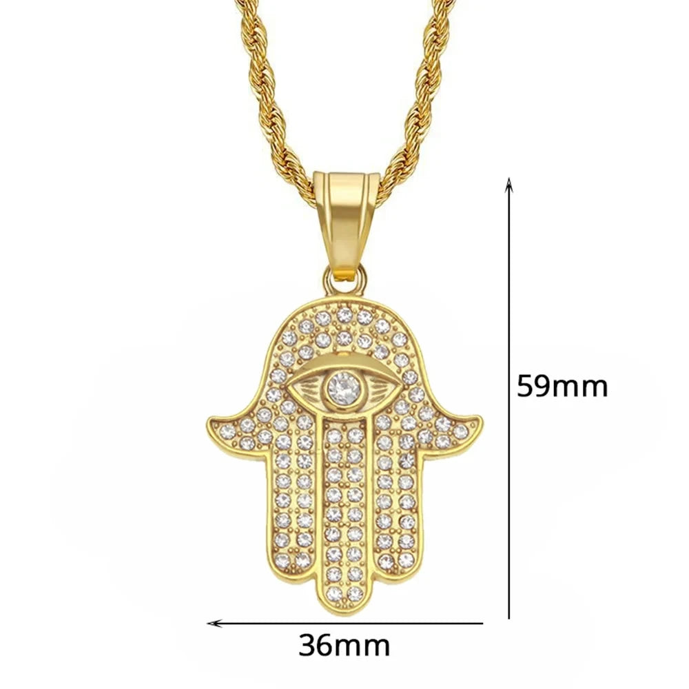 Hamsa Hand of Fatima Necklace Pendant & Chain For Men Women's Gold Color Stainless Steel Palm Necklaces Turkish Jewelry Gift