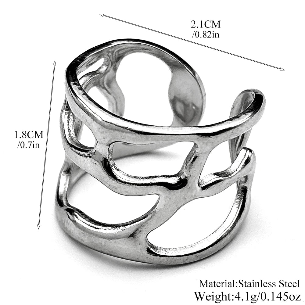 Irregular Hollow Ring For Women Metal Texture Waterproof Daily Simple Stylish Silver Color Rings Stainless Steel Finger Jewelry