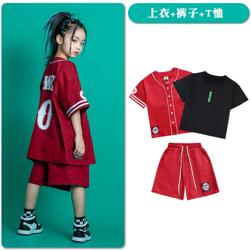 Kids Teenage Streetwear Hip Hop Clothing Red Shirt Tops Casual Cargo Jogger Pants For Girl Boy Jazz Dance Costume Rave Clothes