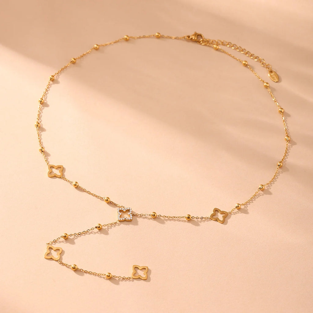 Nivora Gorgeous Luck Clover Zircon Long Chain Stainless Steel Necklaces For Women Metal Female Collar Wedding Banquet Jewelry