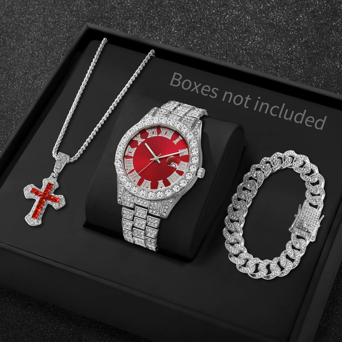 3PCS/Set Luxury Full Diamond Men Quartz Watches Fashion Hip Pop Mens Calendar Wristwatch Bracelet Necklace Set (Without Box)