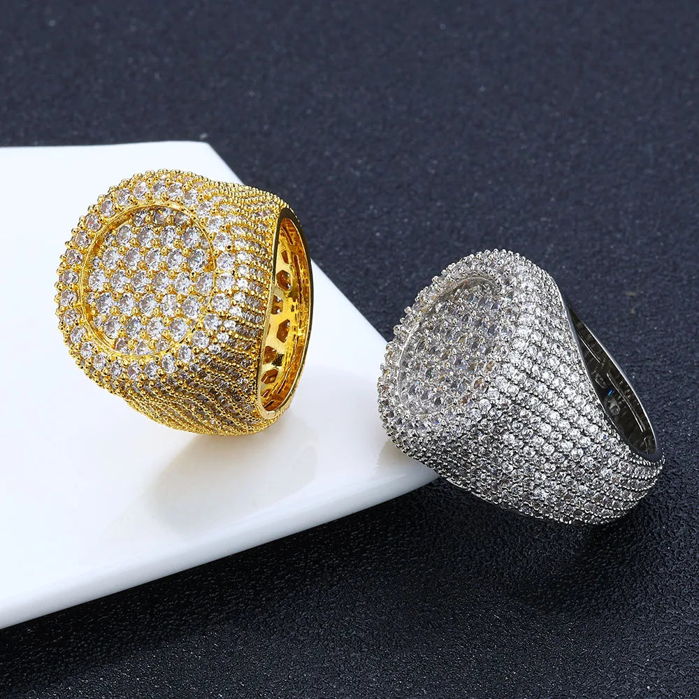 Hip Hop Iced out Diamond Round Ring Full Pave Big Circle Honeycomb Brilliant Cut CZ Brass Rings Jewelry Men Women Gift