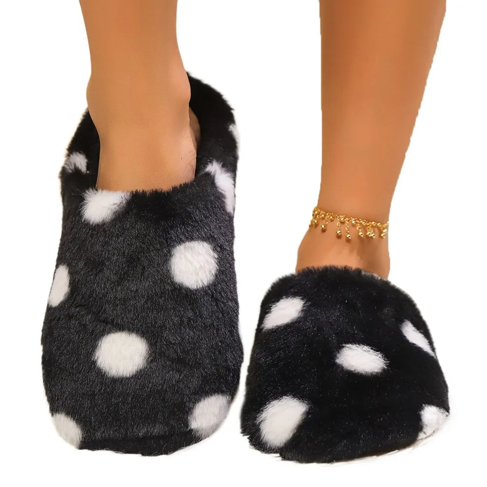 Elegant Soft Sole Plush Slide Slippers Lightweight Anti-slip Dots Fur Slipper Slippers Women Casual House Flat Shoes Winter