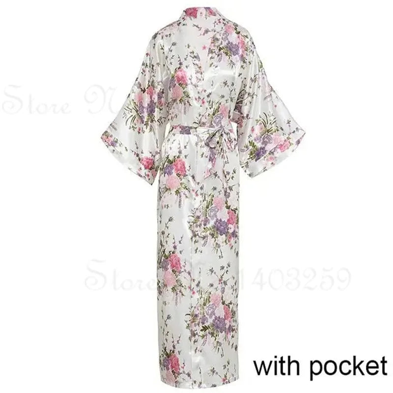 Women Long Robe Kimono Bathrobe Gown with Pockets Sexy Wedding Bride Bridesmaid Dressing Gown Oversize Satin Homewear Loungewear