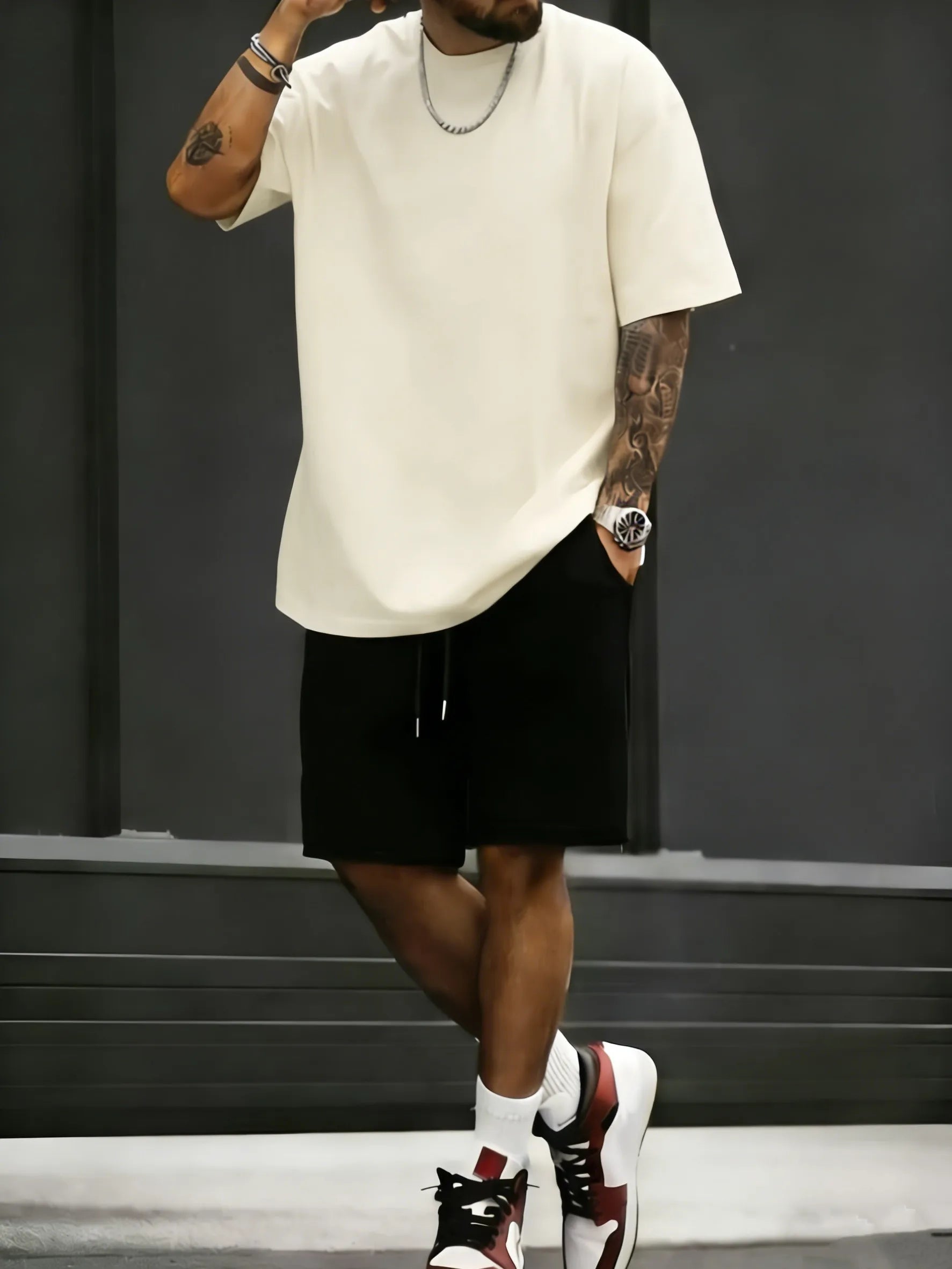 Summer Cotton Street T-Shirt Suit Men Oversize Daily Shorts Gym Loose Sportswear Trendy Hip Hop Clothes Sport Pocket Short Pants